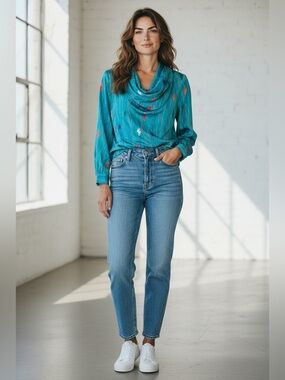 Vintage Primacy Turquoise Abstract Cowl Neck Blouse Size 9/10